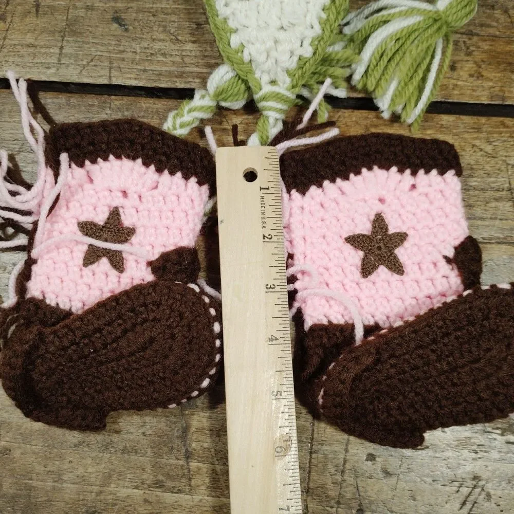 Baby Hand Knit Hat Booties Girl Handmade Crochet Boots Rose Floral Cap
